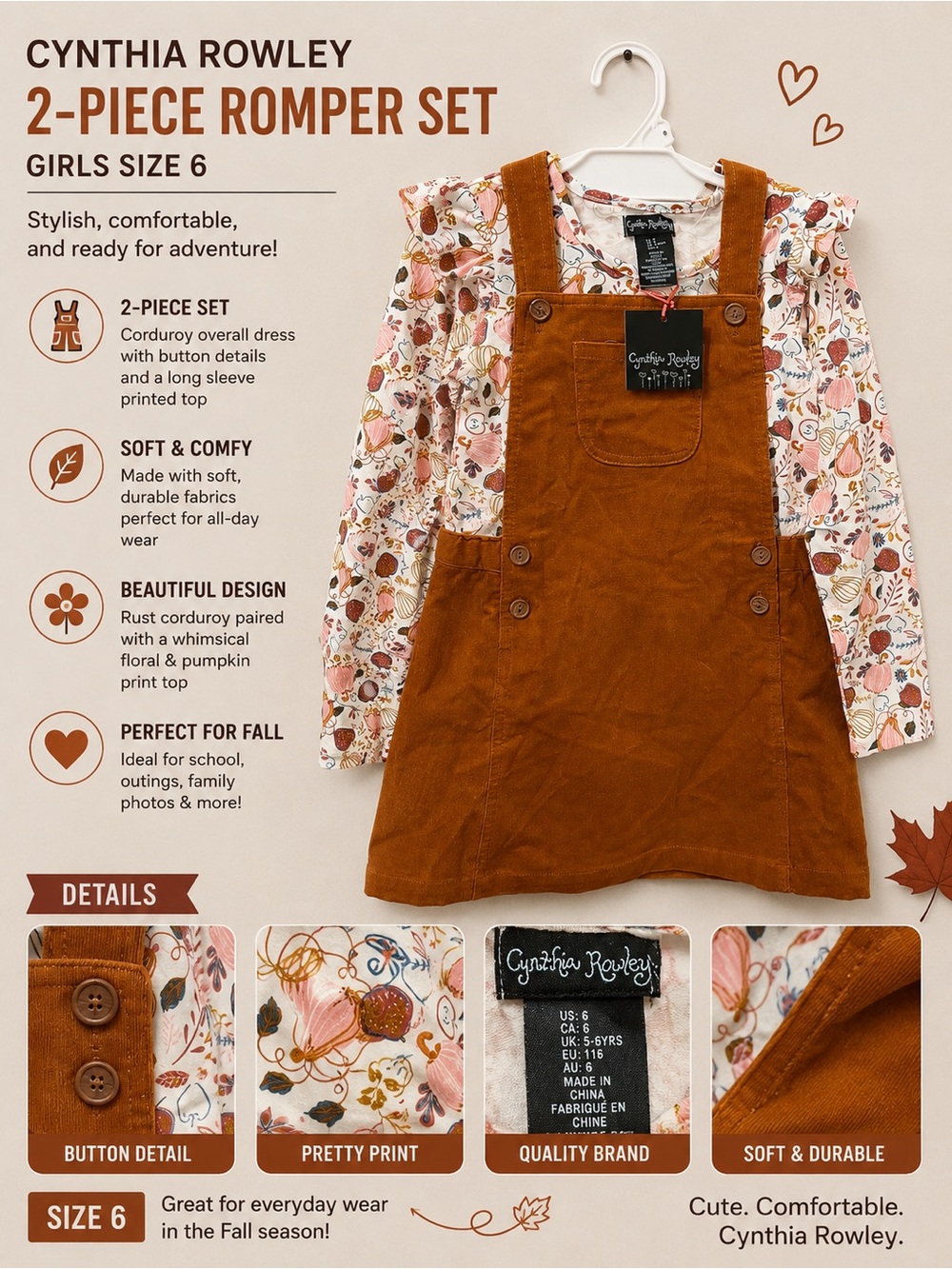 Cynthia Rowley girls 2-piece fall romper set - size 6